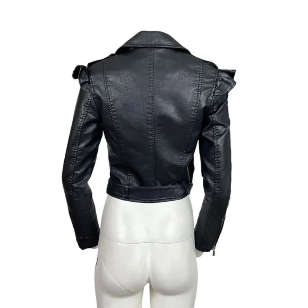Faux Leather Moto Jacket Belted Ruffle Detail NWT Black Size Medium - Picture 4 of 4